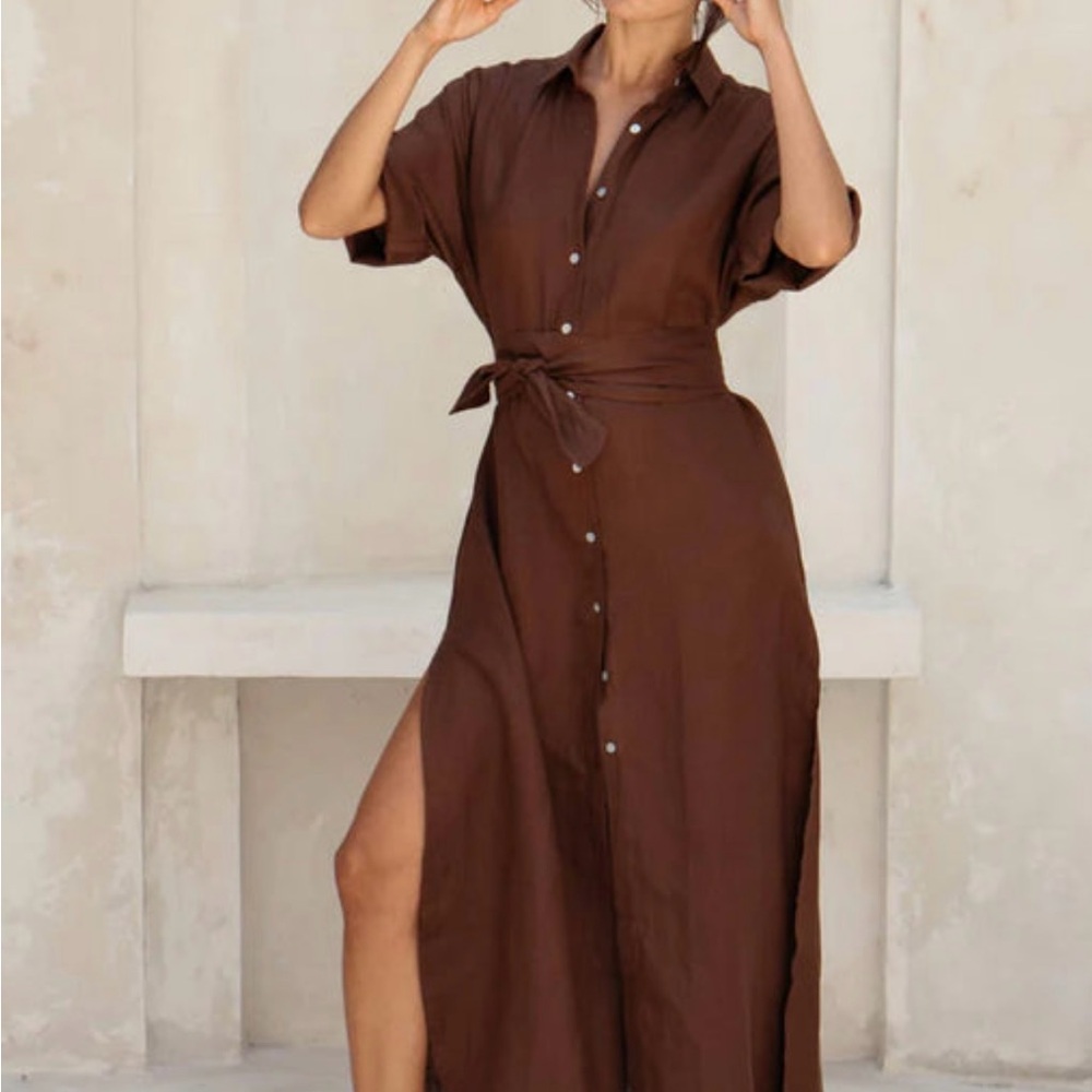 Brown Linen Button-Down Maxi Dress